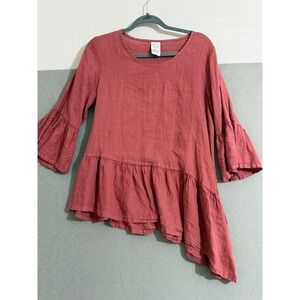 Match Point USA Womens Linen Asymmetrical Peplum Tunic Top Rose S coastal boho
